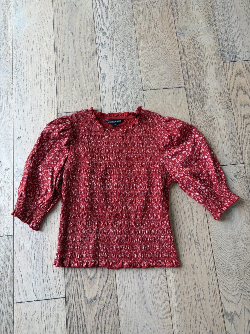 Veronica Beard Red Smocked Long-Sleeve Floral Top